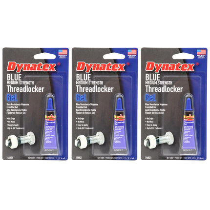 Dynatex Blue Medium Strength Gel Threadlocker 0.20 oz Bottle - Removable with Hand Tools, Locks Fasteners on Metal, Vibration Resistant, Solvent Resistant (3-Pack)
