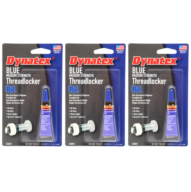 Dynatex Blue Medium Strength Gel Threadlocker 0.20 oz Bottle - Removable with Hand Tools, Locks Fasteners on Metal, Vibration Resistant, Solvent Resistant (3-Pack)