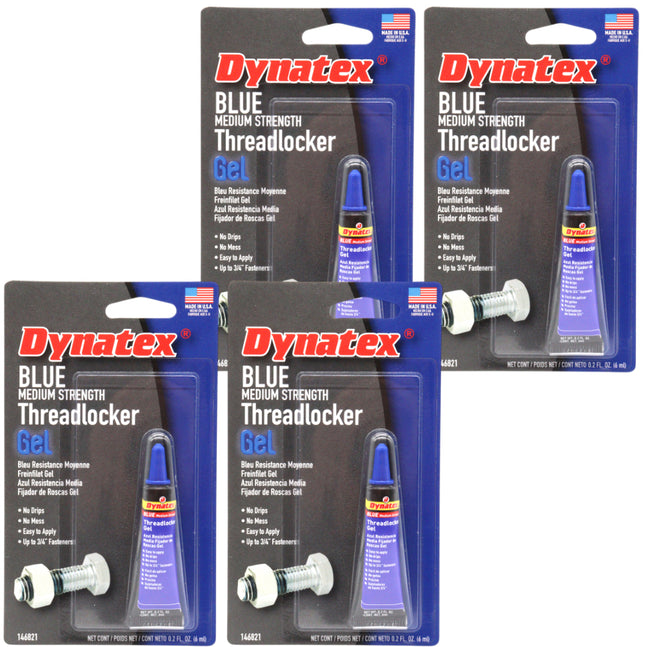 Dynatex Blue Medium Strength Gel Threadlocker 0.20 oz Bottle - Removable with Hand Tools, Locks Fasteners on Metal, Vibration Resistant, Solvent Resistant (4Pack)
