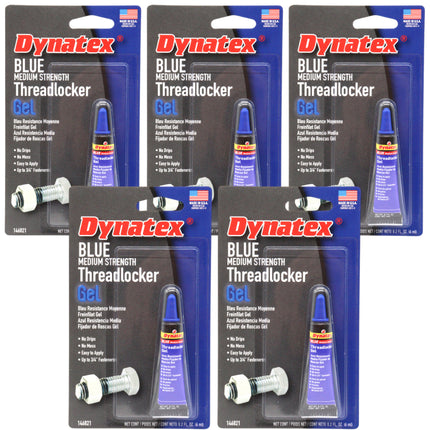 Dynatex Blue Medium Strength Gel Threadlocker 0.20 oz Bottle - Removable with Hand Tools, Locks Fasteners on Metal, Vibration Resistant, Solvent Resistant (5-Pack)