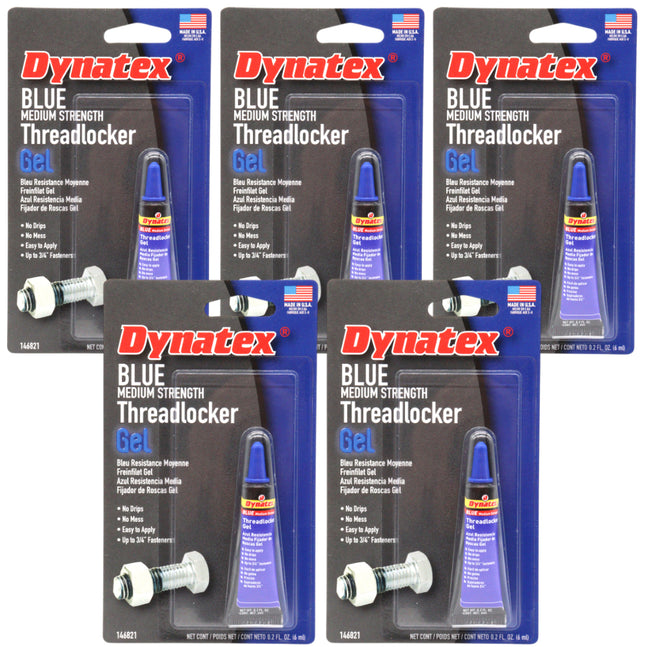 Dynatex Blue Medium Strength Gel Threadlocker 0.20 oz Bottle - Removable with Hand Tools, Locks Fasteners on Metal, Vibration Resistant, Solvent Resistant (5-Pack)