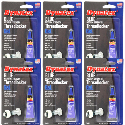 Dynatex Blue Medium Strength Gel Threadlocker 0.20 oz Bottle - Removable with Hand Tools, Locks Fasteners on Metal, Vibration Resistant, Solvent Resistant (6-Pack)