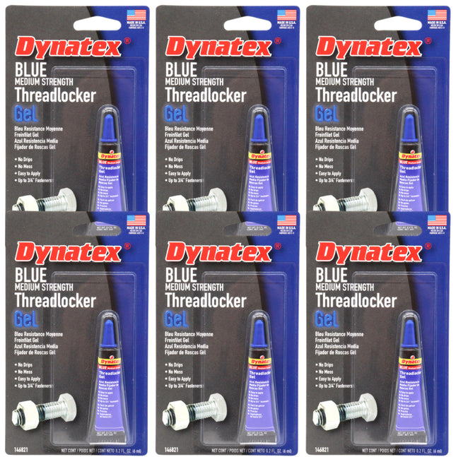 Dynatex Blue Medium Strength Gel Threadlocker 0.20 oz Bottle - Removable with Hand Tools, Locks Fasteners on Metal, Vibration Resistant, Solvent Resistant (6-Pack)