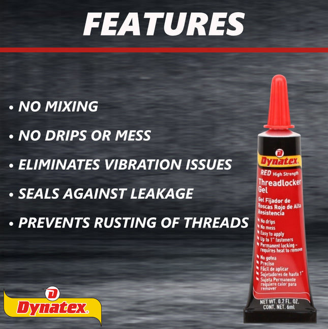 Dynatex Red High Strength Threadlocker 0.20 oz Bottle - Permanent Lock, Anaerobic, Large Fasteners, Vibration & Solvent Resistant (5-Pack)