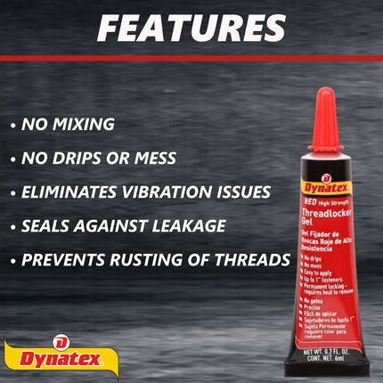 Dynatex Red High Strength Threadlocker 0.20 oz Bottle - Permanent Lock, Anaerobic, Large Fasteners, Vibration & Solvent Resistant (8-Pack)