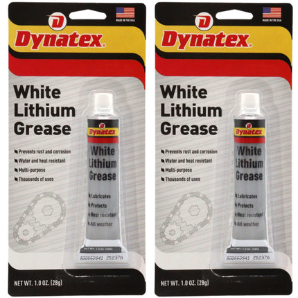 Dynatex White Lithium Grease 1 oz Tube - Multi-Purpose Lubricant for Automotive, Garage Doors, Hinges, Chains, Latches (2-Pack)