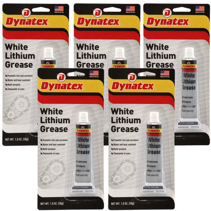 Dynatex White Lithium Grease 1 oz Tube - Multi-Purpose Lubricant for Automotive, Garage Doors, Hinges, Chains, Latches (5-Pack)