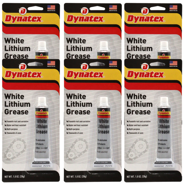 Dynatex White Lithium Grease 1 oz Tube - Multi-Purpose Lubricant for Automotive, Garage Doors, Hinges, Chains, Latches (6-Pack)