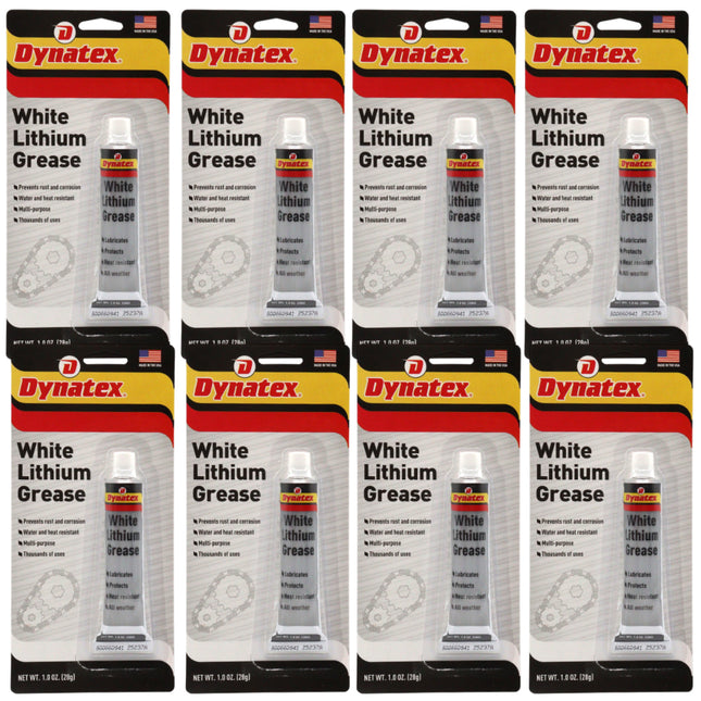 Dynatex White Lithium Grease 1 oz Tube - Multi-Purpose Lubricant for Automotive, Garage Doors, Hinges, Chains, Latches (8-Pack)