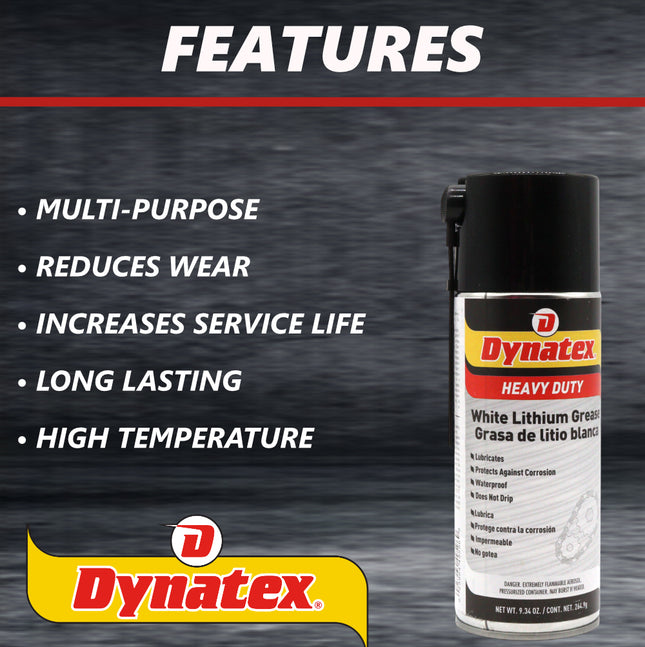 Dynatex White Lithium Grease 10.5 oz Aerosol Can - Multi-Purpose Lubricant for Automotive, Garage Doors, Hinges, Chains, Latches (Single)