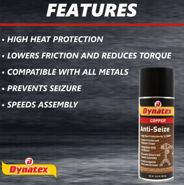Dynatex Copper Anti-Seize 10.67 oz Aerosol Can - Heavy-Duty, Protects Against Extreme Heat Pressure Steam Water, Prevents Galling Seizing Corrosion (Single)