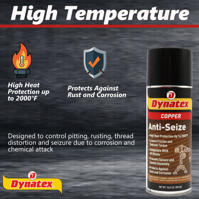 Dynatex Copper Anti-Seize 10.67 oz Aerosol Can - Heavy-Duty, Protects Against Extreme Heat Pressure Steam Water, Prevents Galling Seizing Corrosion (6-Pack)