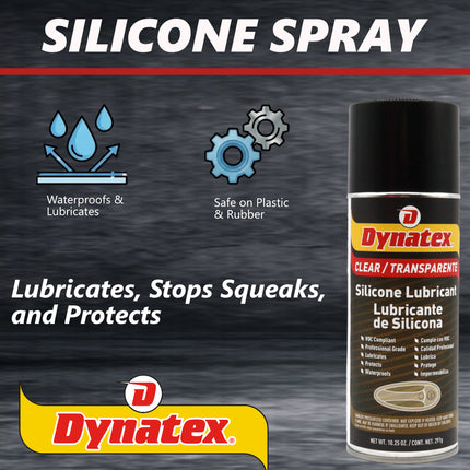 Dynatex Silicone Spray Lubricant 10.25 oz Aerosol Can - Dry Film, Waterproofs, Protects & Lubricates, Colorless Non-Toxic, Safe on Metal Plastic Rubber (12-Pack)
