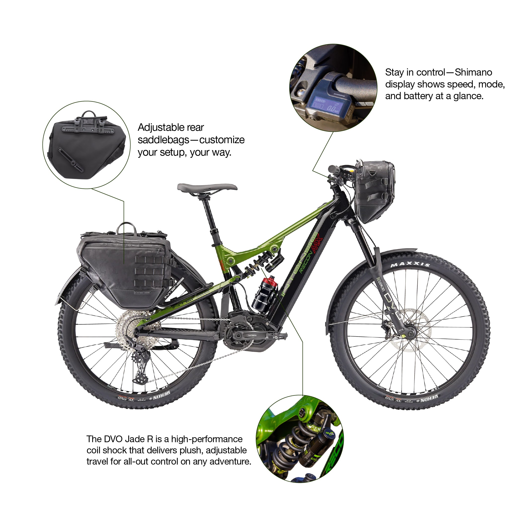 INTENSE RECON MX Adventure Adult L/XL Electric Mountain Bike with Shimano Steps E7000 Motor, 11-Speed Gears, 27.5" Wheels, DVO Suspension, 504 Wh Integrated Battery, Custom Rack and Bag Set Included