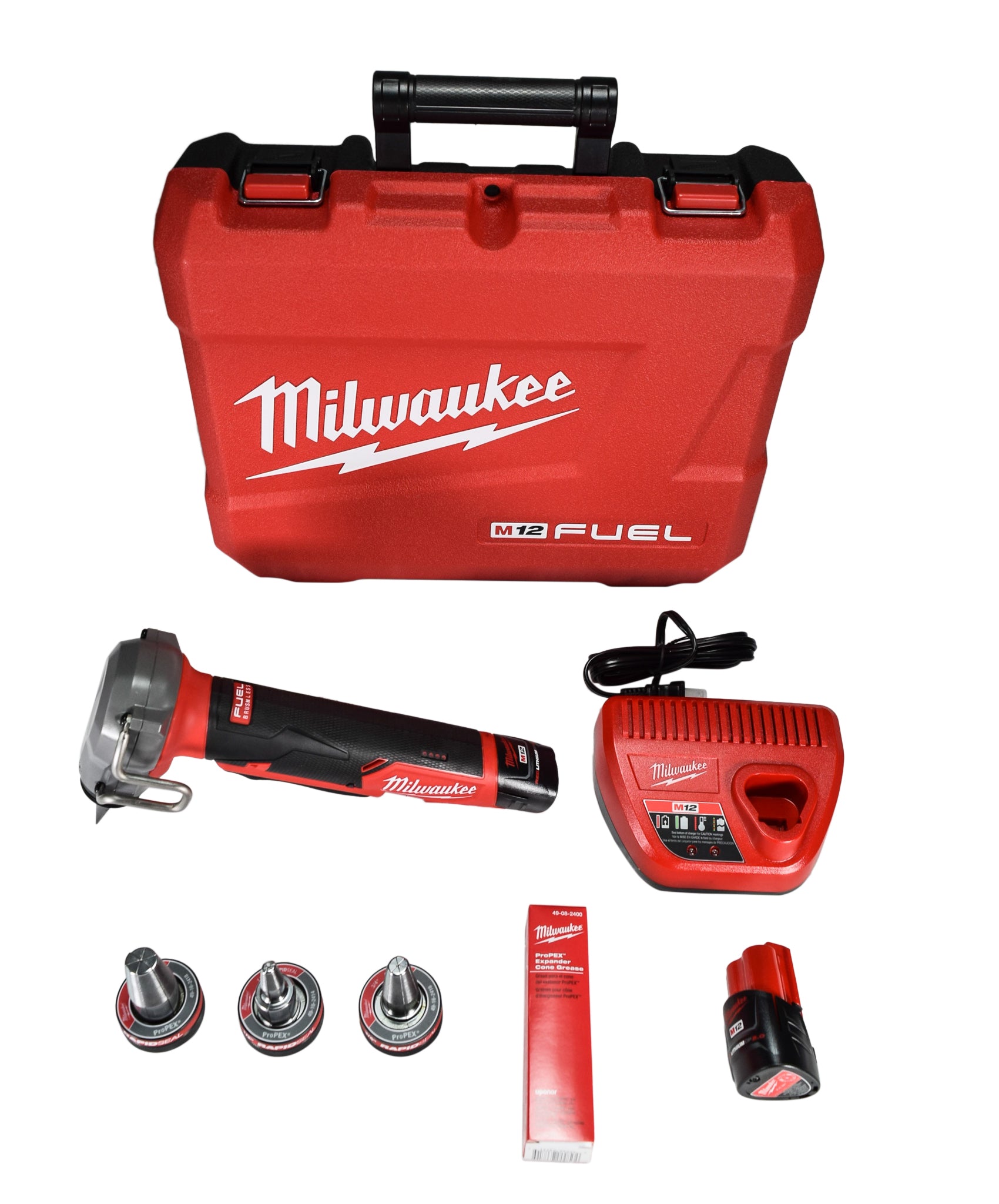 Milwaukee 2532-22 M12 FUEL Cordless 3/8 in. - 1 in. PEX Expansion Tool Kit with (2) 2.0 Ah Batteries, (3) Rapid Seal Expansion Heads