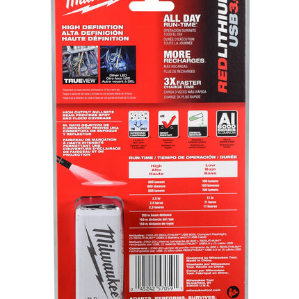 Milwaukee 2160-21 USB Rechargeable 800L Compact Flashlight (3 Ah)