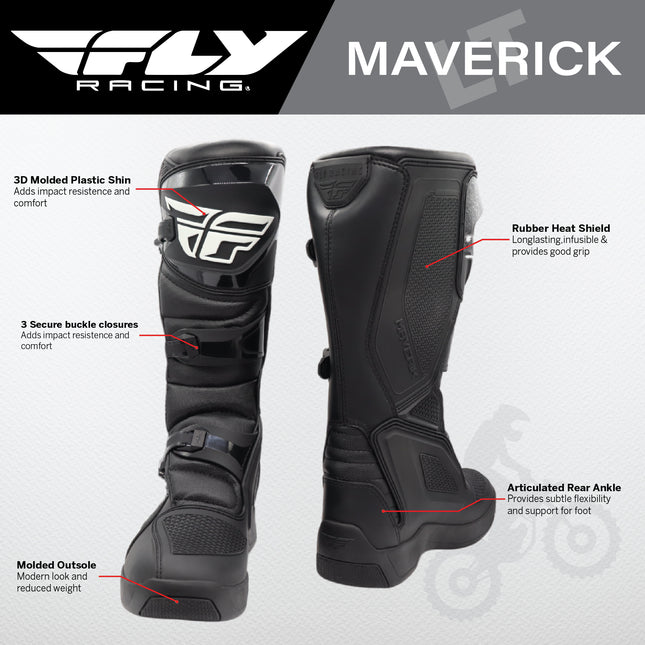 Fly Racing Maverik LT Boots, 2026 Model, (Adult - Size 12) CE Certified Motocross & Off-Road Motorcycle Boots, Adjustable Quick-Lock Buckles, Articulated Ankle Support, Rubber Heat Shield (Black)