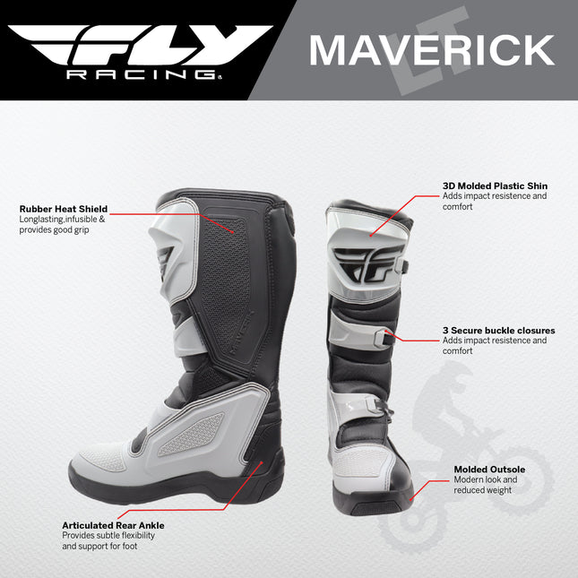 Fly Racing Maverik LT Boots, 2026 Model, (Adult - Size 9) CE Certified Motocross & Off-Road Motorcycle Boots, Adjustable Quick-Lock Buckles, Articulated Ankle Support, Rubber Heat Shield (Grey/Black)
