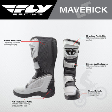Fly Racing Maverik LT Boots, 2026 Model, (Adult - Size 11) CE Certified Motocross & Off-Road Motorcycle Boots, Adjustable Quick-Lock Buckles, Articulated Ankle Support, Rubber Heat Shield (Grey/Black)