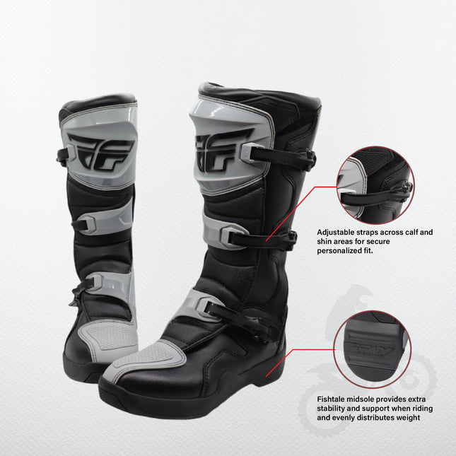 Fly Racing Maverik LT Boots, 2026 Model, (Adult - Size 11) CE Certified Motocross & Off-Road Motorcycle Boots, Adjustable Quick-Lock Buckles, Articulated Ankle Support, Rubber Heat Shield (Grey/Black)