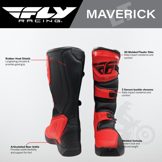 Fly Racing Maverik LT Boots, 2026 Model, for Adults, Size 9 - Lightweight Off-Road Riding Boots with 3D Molded Shift Panels, Articulated Ankle Support, and Durable Rubber Heat Shield, ( Red/Black