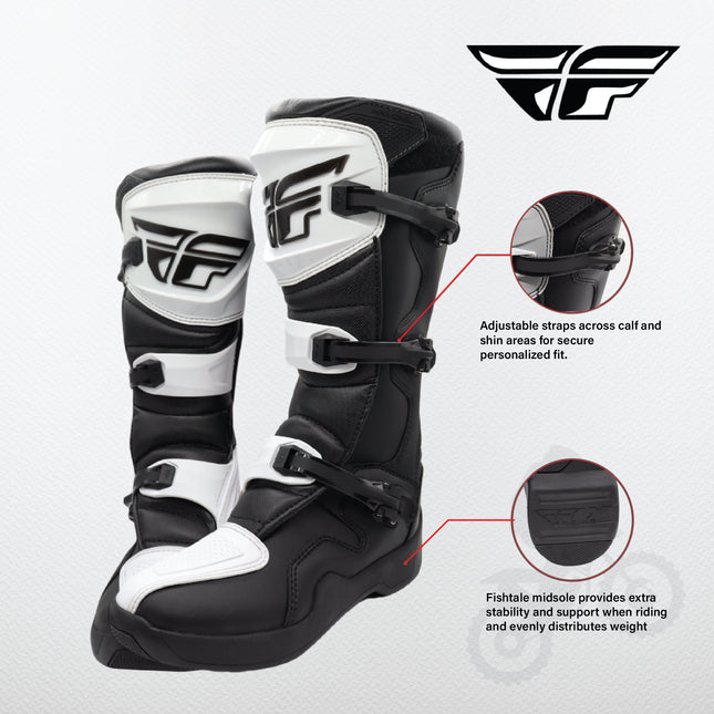 Fly Racing Maverik LT Boots, 2026 Model, (Adult - Size 9) CE Certified Motocross & Off-Road Motorcycle Boots, Adjustable Quick-Lock Buckles, Articulated Ankle Support, Rubber Heat Shield (White/Black)