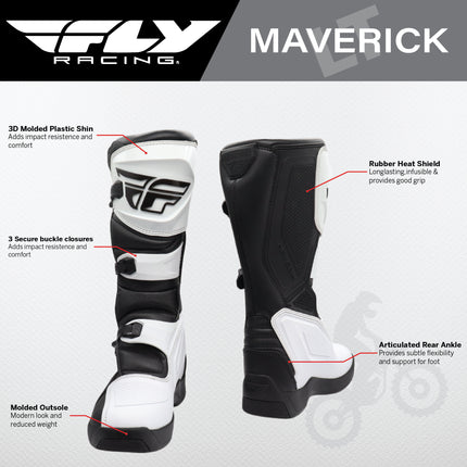 Fly Racing Maverik LT Boots, 2026 Model,(Adult - Size 10) CE Certified Motocross & Off-Road Motorcycle Boots, Adjustable Quick-Lock Buckles, Articulated Ankle Support, Rubber Heat Shield (White/Black)