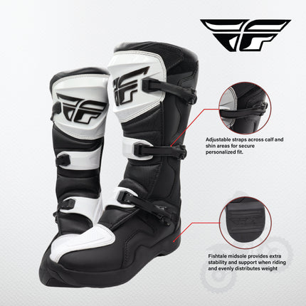 Fly Racing Maverik LT Boots, 2026 Model,(Adult - Size 10) CE Certified Motocross & Off-Road Motorcycle Boots, Adjustable Quick-Lock Buckles, Articulated Ankle Support, Rubber Heat Shield (White/Black)