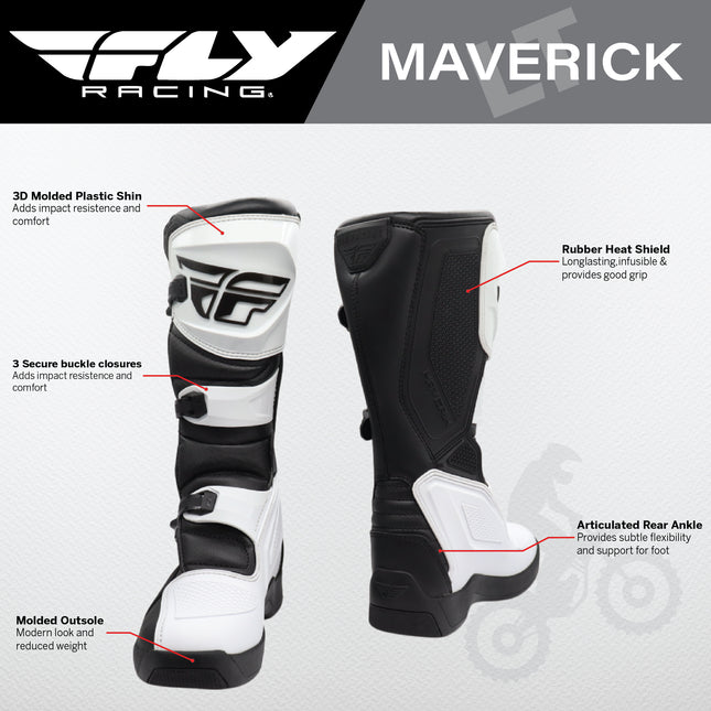 Fly Racing Maverik LT Boots, 2026 Model, for Adults, Size 12 - Lightweight Off-Road Riding Boots with 3D Molded Shift Panels, Articulated Ankle Support, and Durable Rubber Heat Shield (White/Black)