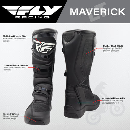 Fly Racing Maverik Boots (Adult - Size: 9) CE Approved with Elastic Gaiter, 3-Buckle Closure, & Superior Grip Rubber Outsole for Use In: Enduro Racing, Powersports, & Motocross (Black)