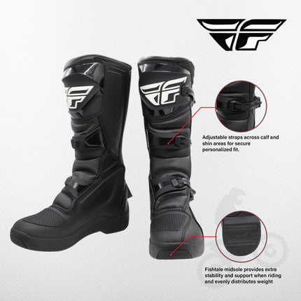 Fly Racing Maverik Boots (Adult - Size: 9) CE Approved with Elastic Gaiter, 3-Buckle Closure, & Superior Grip Rubber Outsole for Use In: Enduro Racing, Powersports, & Motocross (Black)