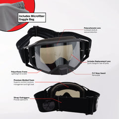 Fly Racing Zone Pro Goggles – Premium Motocross & Off-Road Goggles with Anti-Fog Lens, Tear-Off System, Quick-Change Lens & Comfortable Triple-Layer Foam - Includes Clear Lens & Microfiber Bag (Black)