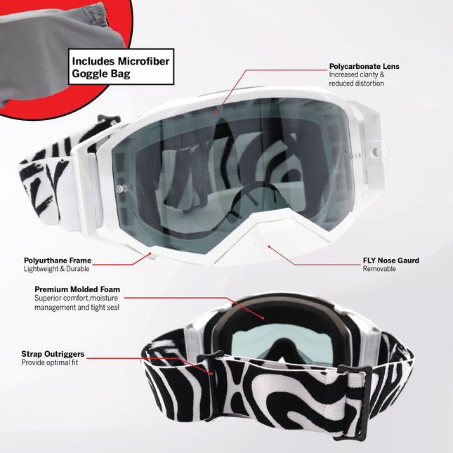 Fly Racing Zone Elite Goggles – Premium Motocross & Off-Road Goggles with HD Lens System, Quick-Change Technology & Pro Fit (Black/White)