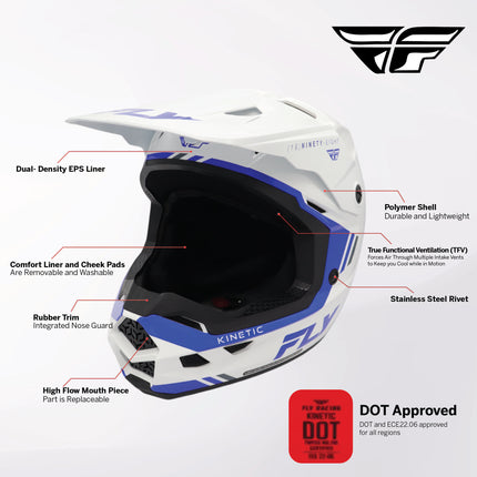 Fly Racing Kinetic Verdict Helmet – DOT/ECE 22.06 Approved – Lightweight MX Helmet with TFV Ventilation, Removable Liner & Helmet Bag X-Large (White/Blue/Grey)