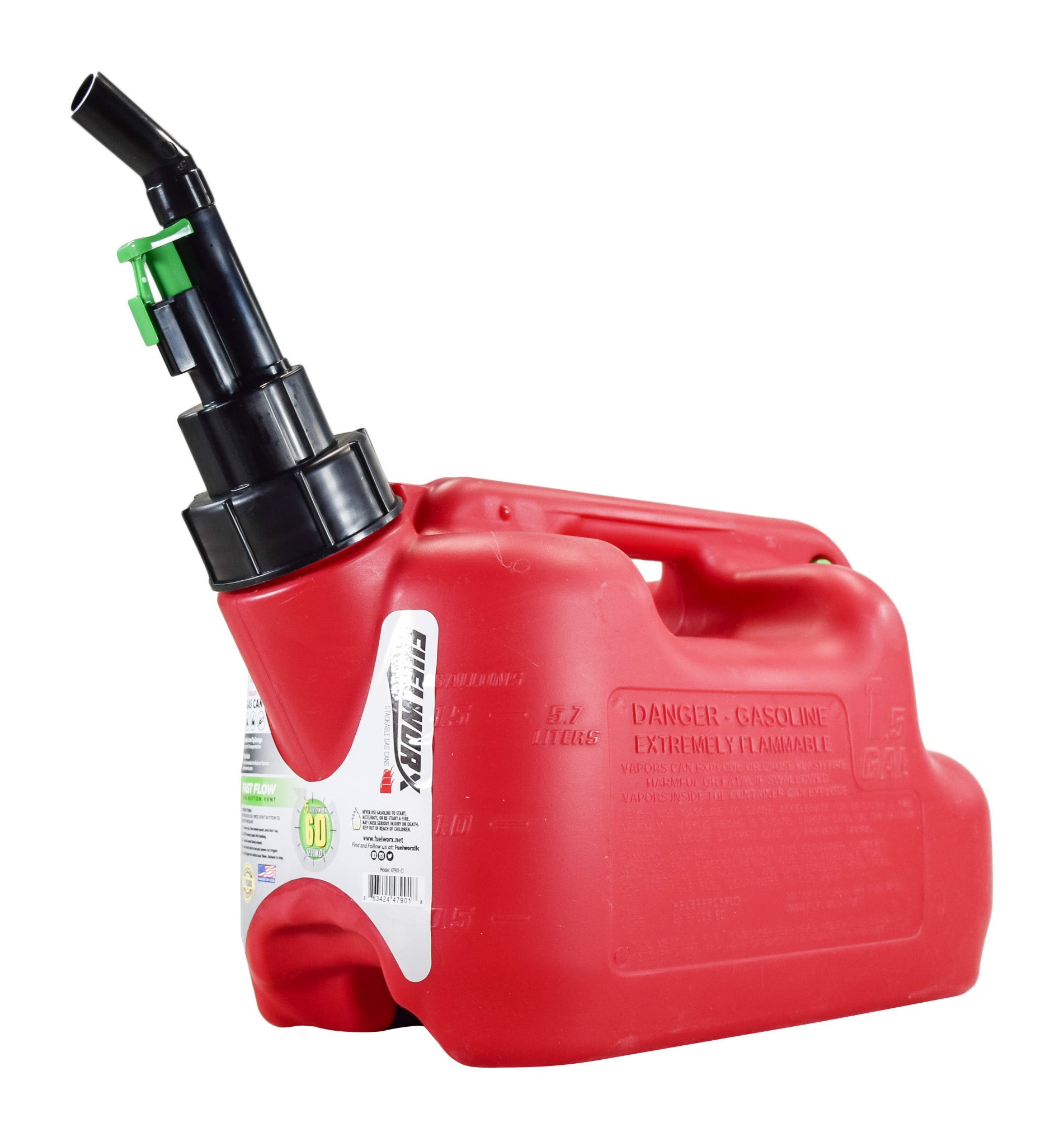 Fuelworx Red 1.5 Gallon Stackable Fast Pour Gas Fuel Cans CARB Compliant Made in The USA (1.5 Gallon Gas Can Single)