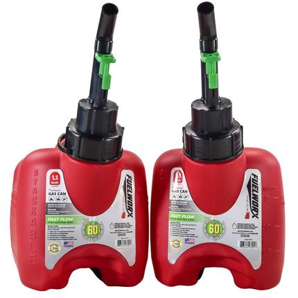 Fuelworx Red 1.5 Gallon Stackable Fast Pour Gas Fuel Cans CARB Compliant Made in The USA (1.5 Gallon Gas Can 2-Pack)