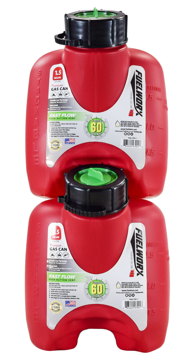 Fuelworx Red 1.5 Gallon Stackable Fast Pour Gas Fuel Cans CARB Compliant Made in The USA (1.5 Gallon Gas Can 2-Pack)