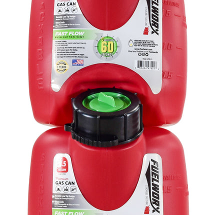 Fuelworx Red 1.5 Gallon Stackable Fast Pour Gas Fuel Cans CARB Compliant Made in The USA (1.5 Gallon Gas Can 2-Pack)