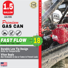 Fuelworx Red 1.5 Gallon Stackable Fast Pour Gas Fuel Cans CARB Compliant Made in The USA (1.5 Gallon Gas Can 2-Pack)