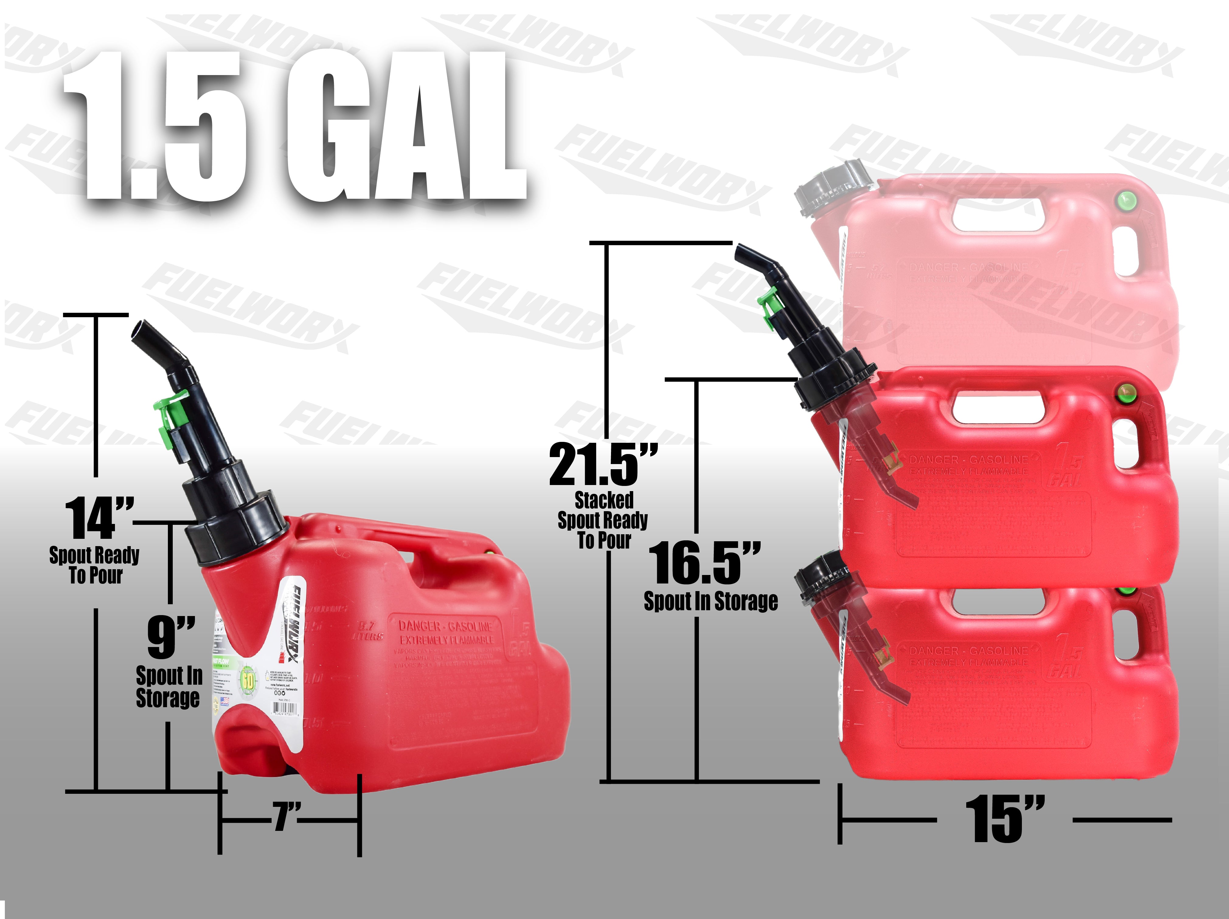 Fuelworx Red 1.5 Gallon Stackable Fast Pour Gas Fuel Cans CARB Compliant Made in The USA (1.5 Gallon Gas Can 2-Pack)