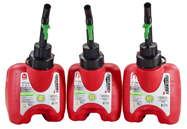 Fuelworx Red 1.5 Gallon Stackable Fast Pour Gas Fuel Cans CARB Compliant Made in The USA (1.5 Gallon Gas Can 3-Pack)