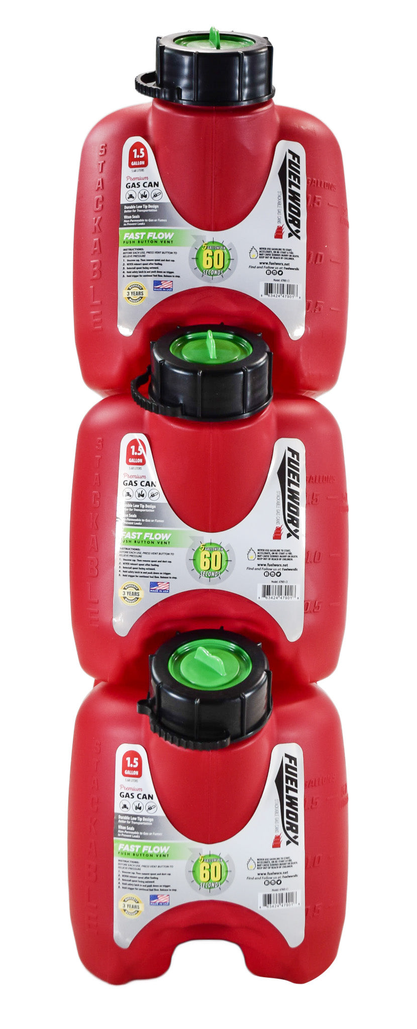 Fuelworx Red 1.5 Gallon Stackable Fast Pour Gas Fuel Cans CARB Compliant Made in The USA (1.5 Gallon Gas Can 3-Pack)