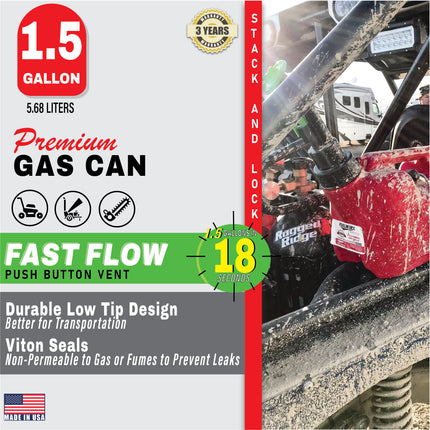 Fuelworx Red 1.5 Gallon Stackable Fast Pour Gas Fuel Cans CARB Compliant Made in The USA (1.5 Gallon Gas Can 3-Pack)