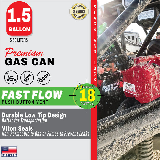 Fuelworx Red 1.5 Gallon Stackable Fast Pour Gas Fuel Cans CARB Compliant Made in The USA (1.5 Gallon Gas Can 3-Pack)