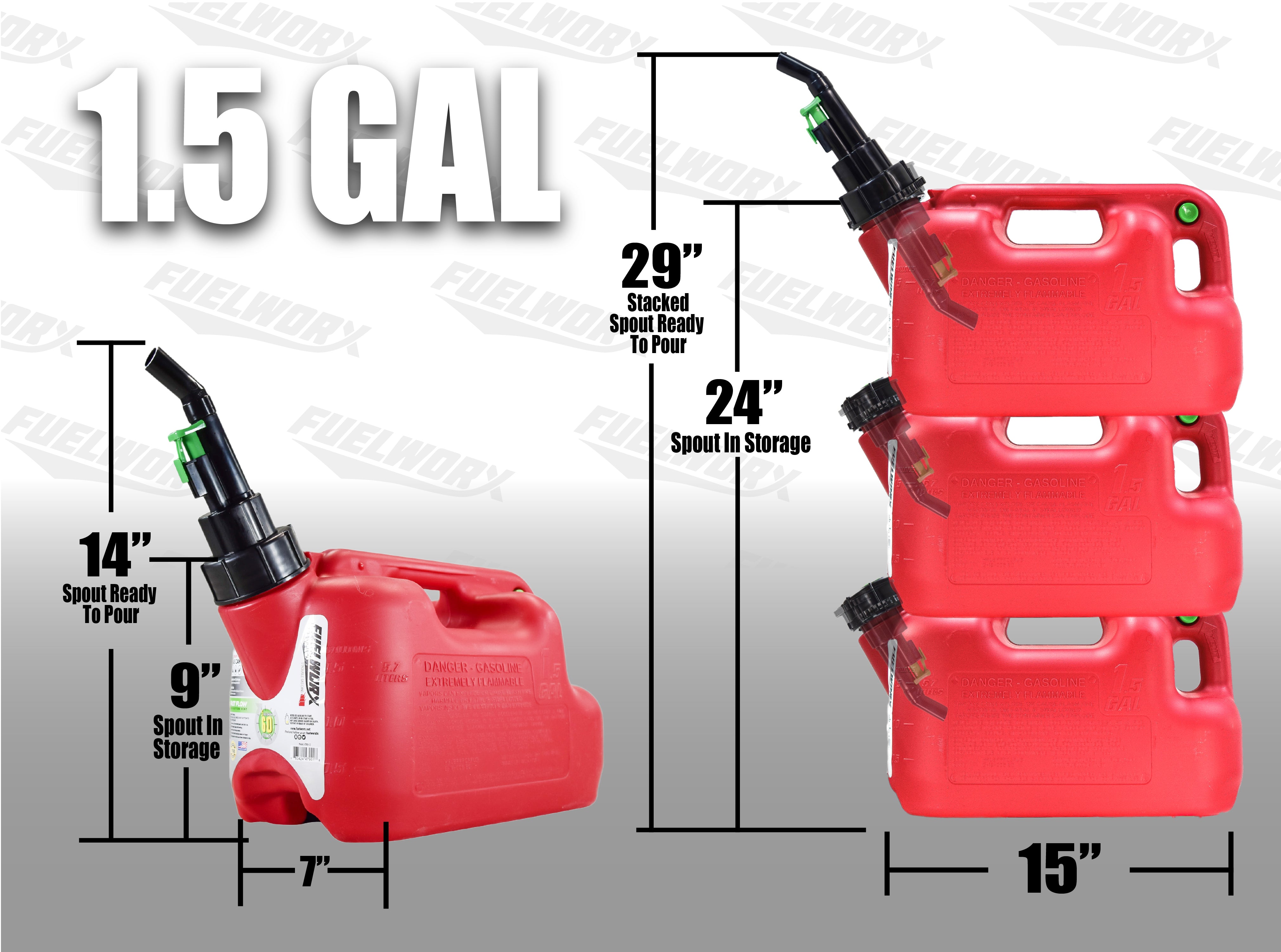 Fuelworx Red 1.5 Gallon Stackable Fast Pour Gas Fuel Cans CARB Compliant Made in The USA (1.5 Gallon Gas Can 3-Pack)