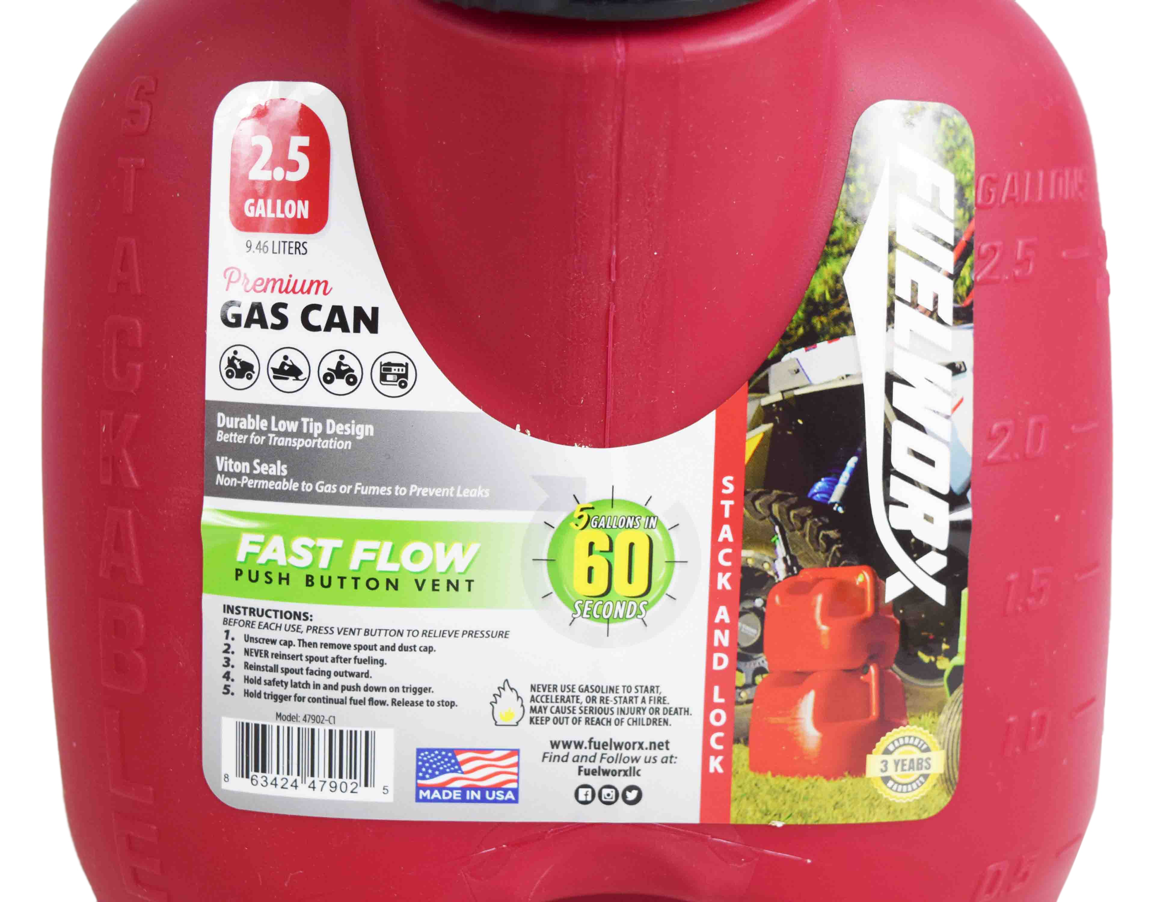 Fuelworx Red 2.5 Gallon Stackable Fast Pour Gas Fuel Cans CARB Compliant Made in The USA (2.5 Gallon Gas 3-Pack)
