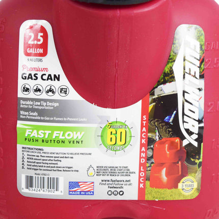Fuelworx Red 2.5 Gallon Stackable Fast Pour Gas Fuel Cans CARB Compliant Made in The USA (2.5 Gallon Gas 3-Pack)