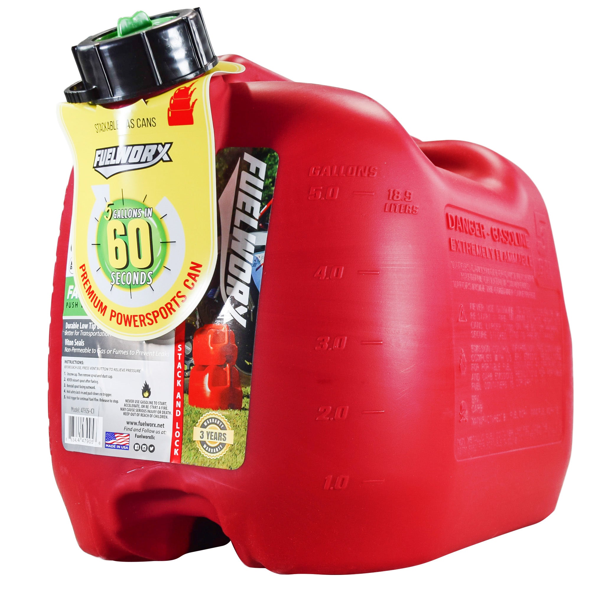 Fuelworx Red 5 Gallon Stackable Fast Pour Gas Fuel Can CARB Compliant Made in The USA (5 Gallon Gas Can Single)