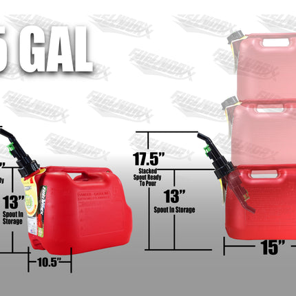 Fuelworx 5 Gallon Stackable Fast Pour Gas Fuel Can CARB Compliant (Red) - Made in The USA (5 Gallon Gas Can Single)