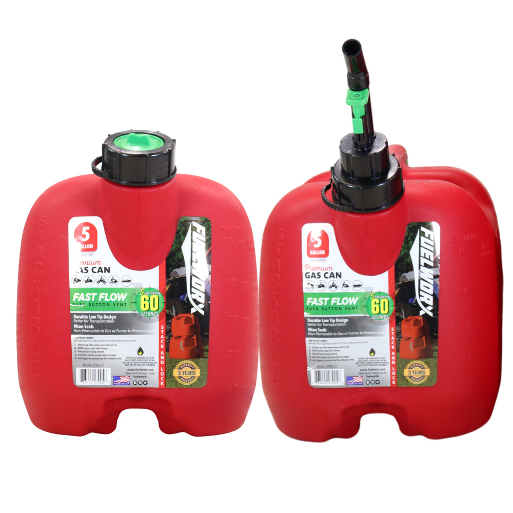 Fuelworx Red 5 Gallon Stackable Fast Pour Gas Fuel Can CARB Compliant Made in The USA (5 Gallon Gas Can 2-Pack)